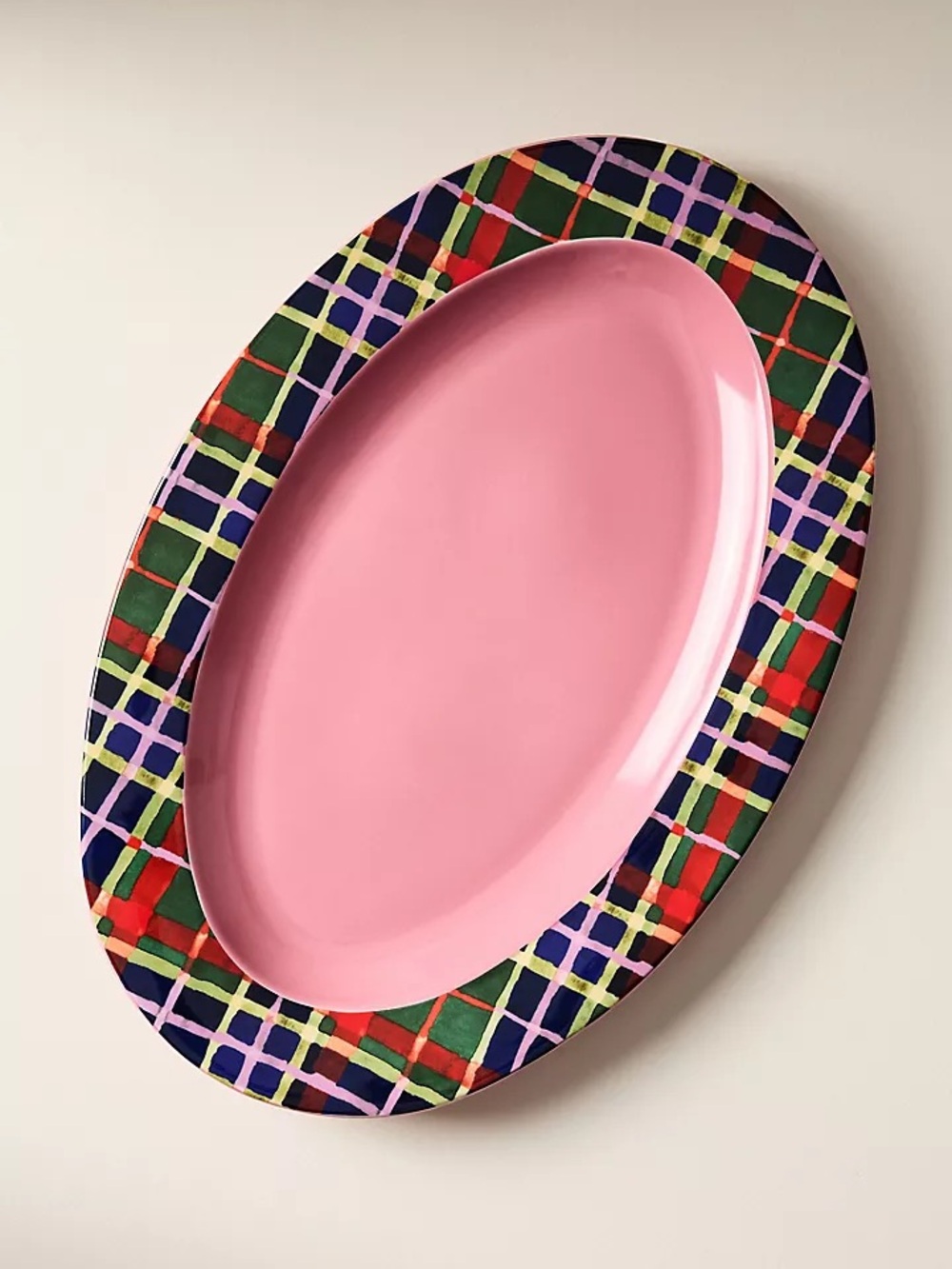Anthropologie - Large Stoneware Pink Oval Platter With Tartan Rim